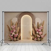 Aperturee - Aperturee Beige Arch Wall Boho Floral Wedding Photo Backdrop